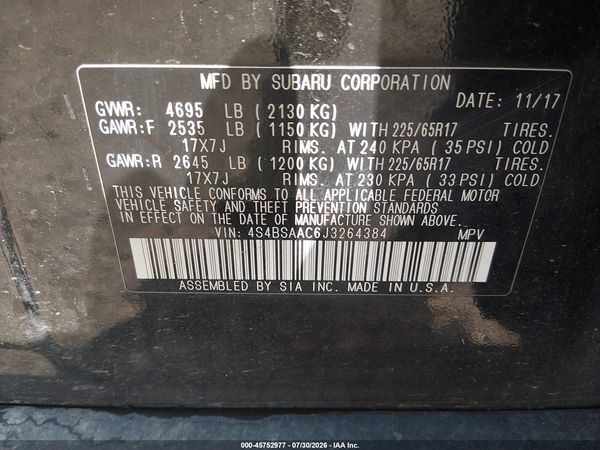 2018 SUBARU OUTBACK 2.5I — I9