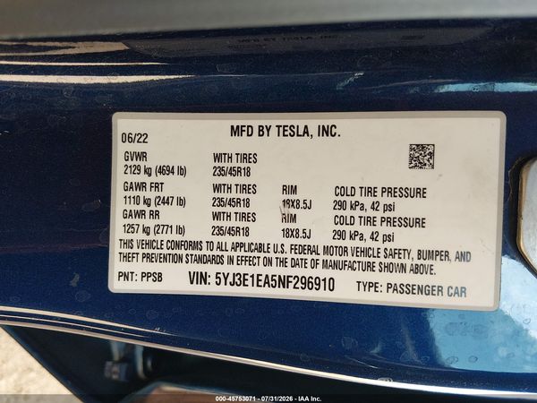 2022 TESLA MODEL 3 REAR-WHEEL DRIVE