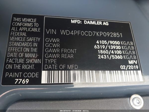 2019 MERCEDES-BENZ SPRINTER 2500 HIGH ROOF V6