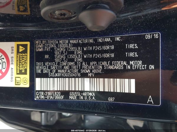 2016 TOYOTA HIGHLANDER XLE V6