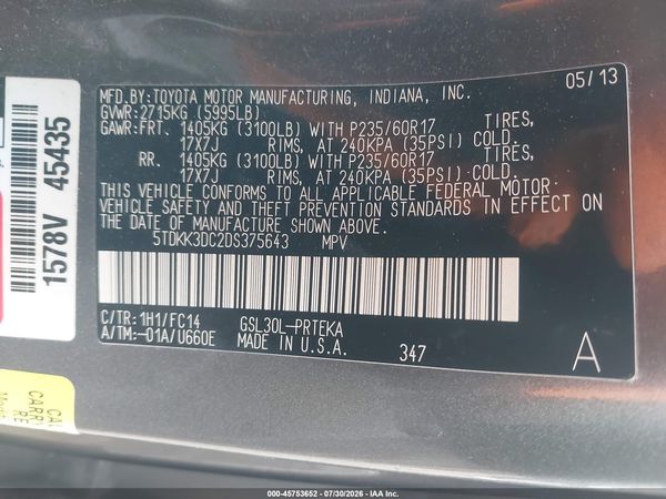 2013 TOYOTA SIENNA LE V6 8 PASSENGER