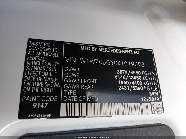 2019 MERCEDES-BENZ SPRINTER 1500 STANDARD ROOF I4