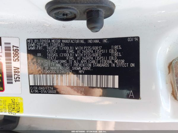 2014 TOYOTA SIENNA LE V6 8 PASSENGER