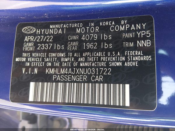 2022 HYUNDAI ELANTRA HYBRID BLUE