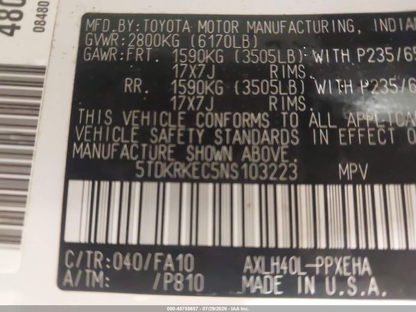 2022 TOYOTA SIENNA LE — I9