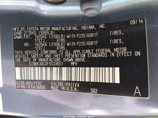 2015 TOYOTA SIENNA LE 8 PASSENGER