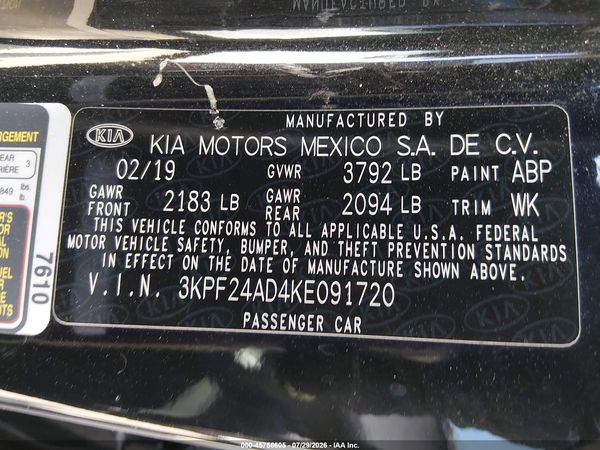 2019 KIA FORTE LXS