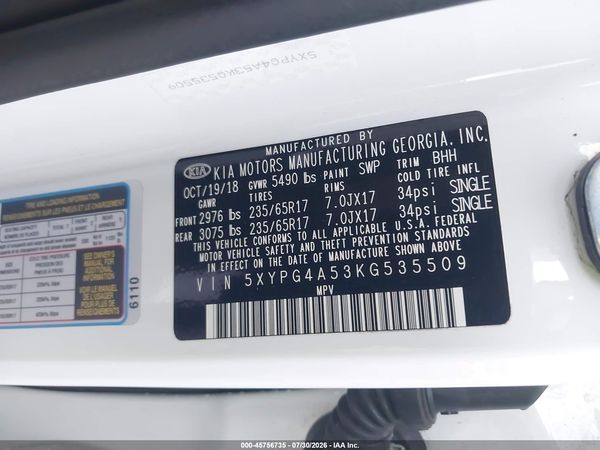 2019 KIA SORENTO 3.3L LX