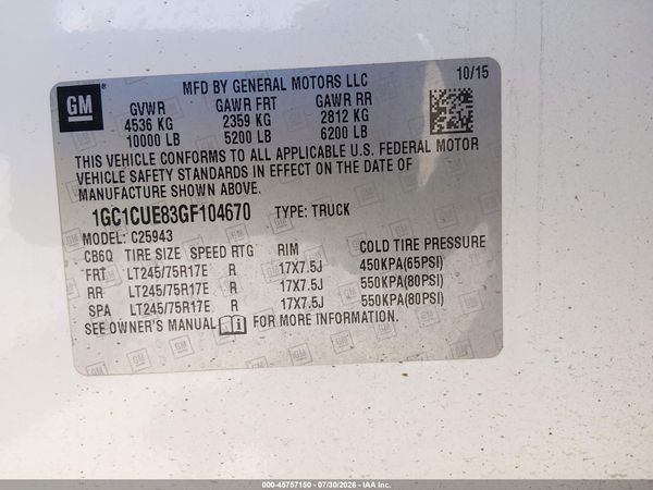 2016 CHEVROLET SILVERADO 2500HD WORK TRUCK — I9