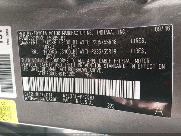 2017 TOYOTA SIENNA XLE 7 PASSENGER