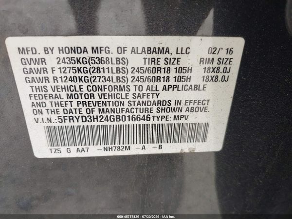 2016 ACURA MDX ACURAWATCH PLUS PACKAGE