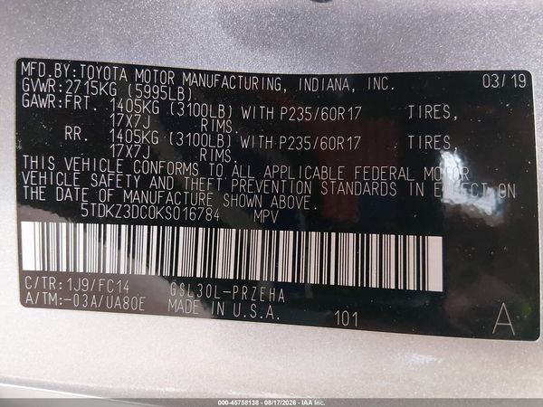 2019 TOYOTA SIENNA LE 8 PASSENGER — I9