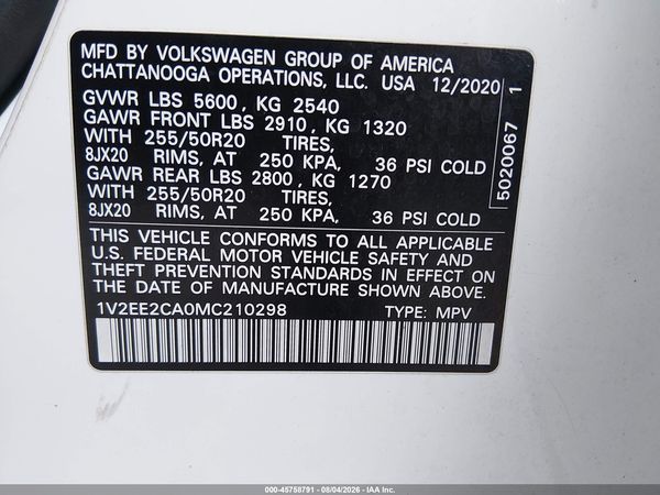 2021 VOLKSWAGEN ATLAS CROSS SPORT 3.6L V6 SEL — I9
