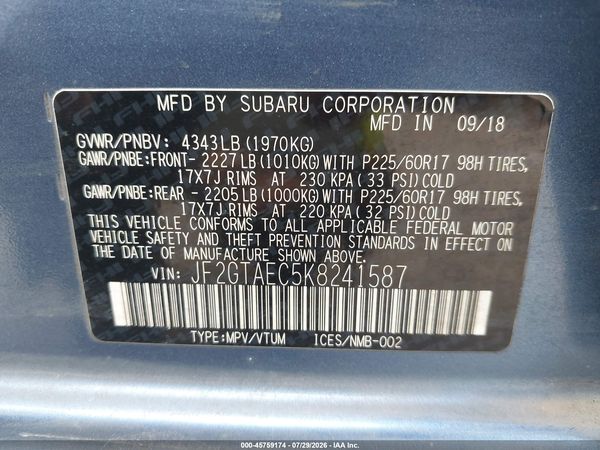 2019 SUBARU CROSSTREK 2.0I PREMIUM — I9