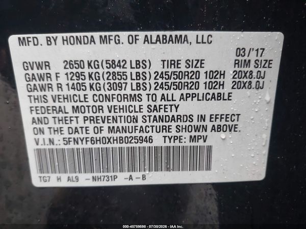2017 HONDA PILOT ELITE