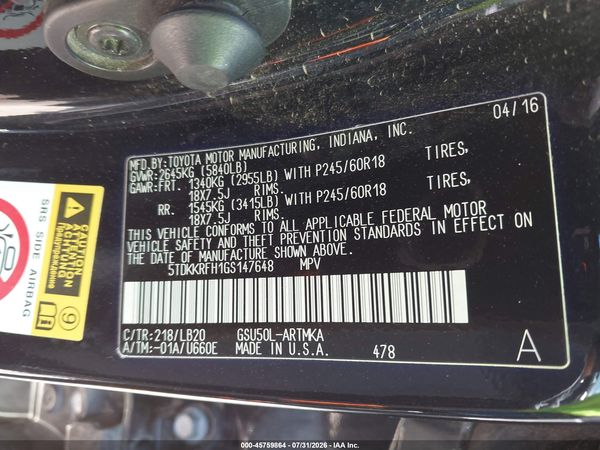 2016 TOYOTA HIGHLANDER XLE V6