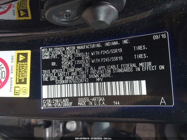 2016 TOYOTA HIGHLANDER LIMITED V6