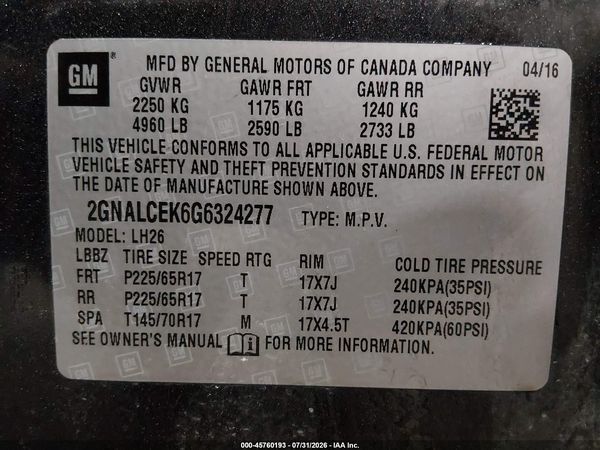2016 CHEVROLET EQUINOX LT — I9