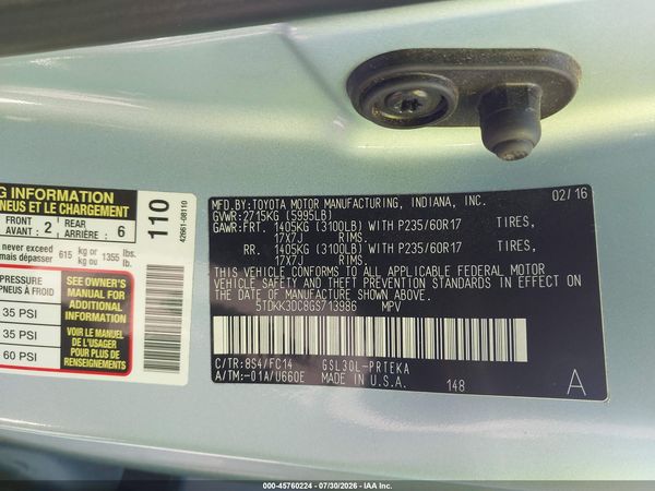2016 TOYOTA SIENNA LE 8 PASSENGER
