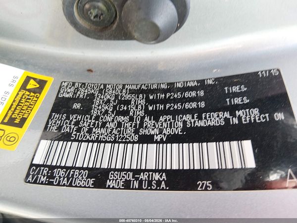 2016 TOYOTA HIGHLANDER LE V6