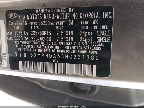 2017 KIA SORENTO 3.3L EX