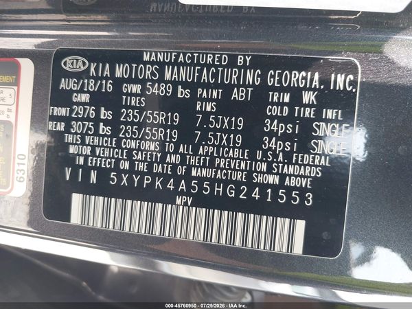 2017 KIA SORENTO 3.3L SXL