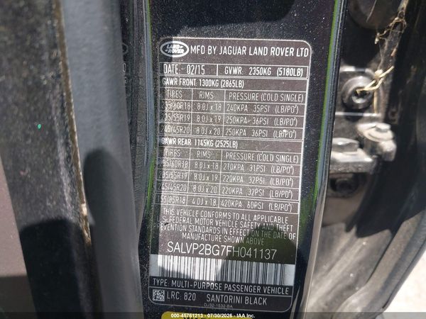 2015 LAND ROVER RANGE ROVER EVOQUE PURE