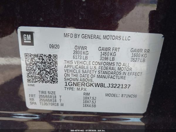 2020 CHEVROLET TRAVERSE FWD LT CLOTH — I9
