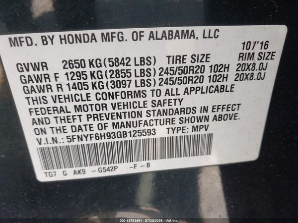 2016 HONDA PILOT TOURING