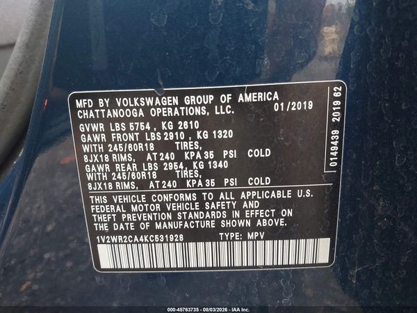 2019 VOLKSWAGEN ATLAS 3.6L V6 SE W/TECHNOLOGY — I9