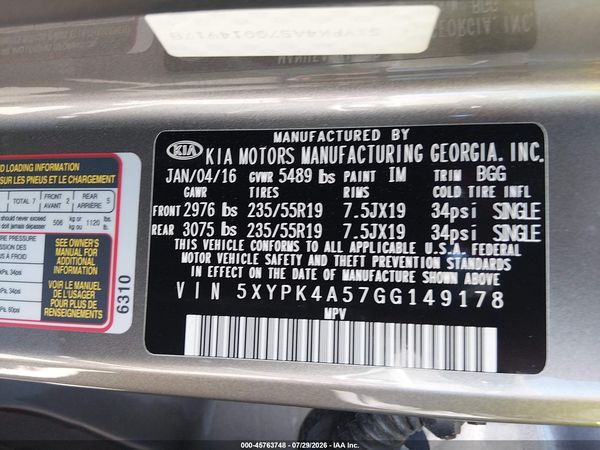 2016 KIA SORENTO 3.3L SX