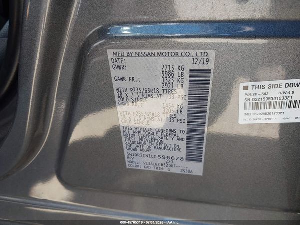 2020 NISSAN PATHFINDER SL 2WD — I9