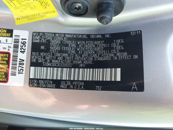 2012 TOYOTA SIENNA LE V6 8 PASSENGER — I9