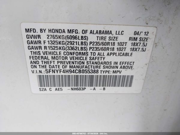 2012 HONDA PILOT TOURING
