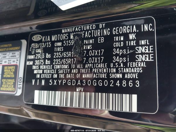 2016 KIA SORENTO 2.4L LX