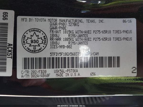 2016 TOYOTA TUNDRA SR5 5.7L V8