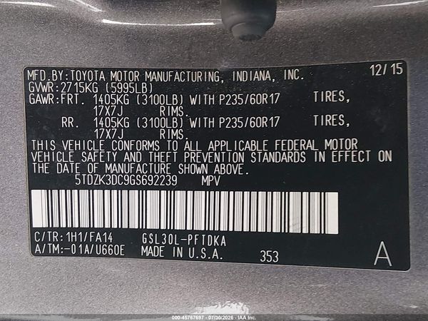 2016 TOYOTA SIENNA L 7 PASSENGER