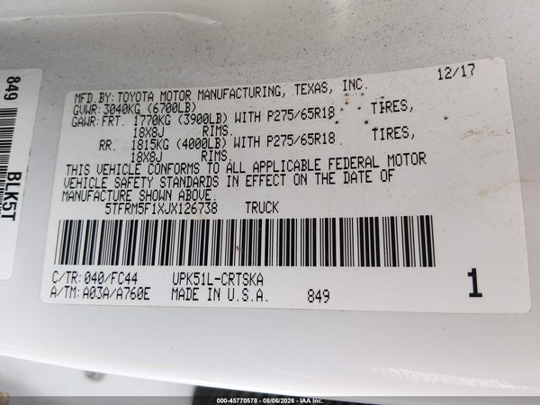 2018 TOYOTA TUNDRA SR5 4.6L V8