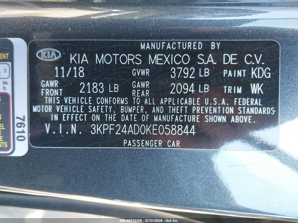 2019 KIA FORTE LXS