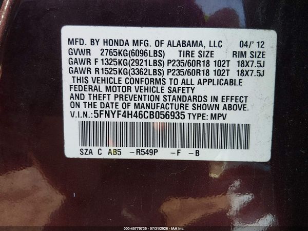 2012 HONDA PILOT EX