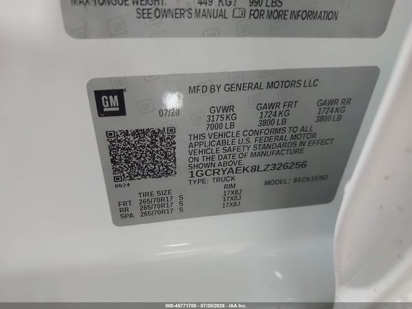 2020 CHEVROLET SILVERADO 1500 4WD  STANDARD BED WT — I9