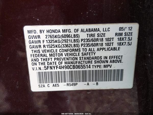 2012 HONDA PILOT TOURING