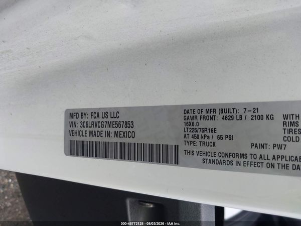2021 RAM PROMASTER 2500 HIGH ROOF 136 WB