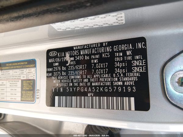 2019 KIA SORENTO 3.3L LX