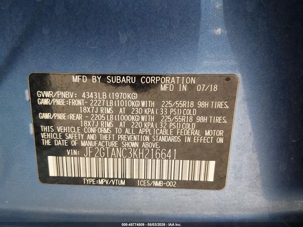 2019 SUBARU CROSSTREK 2.0I LIMITED — I9