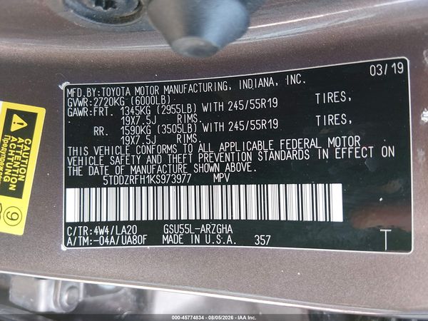 2019 TOYOTA HIGHLANDER LIMITED PLATINUM