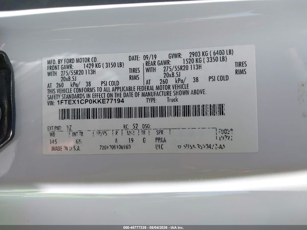 2019 FORD F-150 XL
