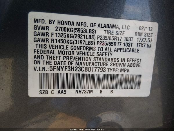2012 HONDA PILOT LX