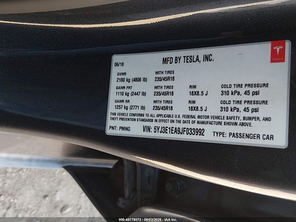 2018 TESLA MODEL 3 LONG RANGE/MID RANGE