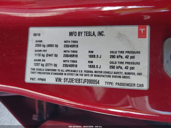 2018 TESLA MODEL 3 LONG RANGE/PERFORMANCE